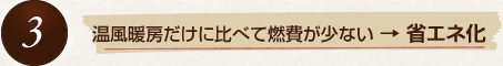 3　温風暖房だけに比べて燃費が少ない→省エネ化